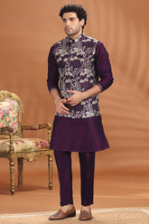 Wine Purple Silk Embroidered Jacket Kurta Pajma Set